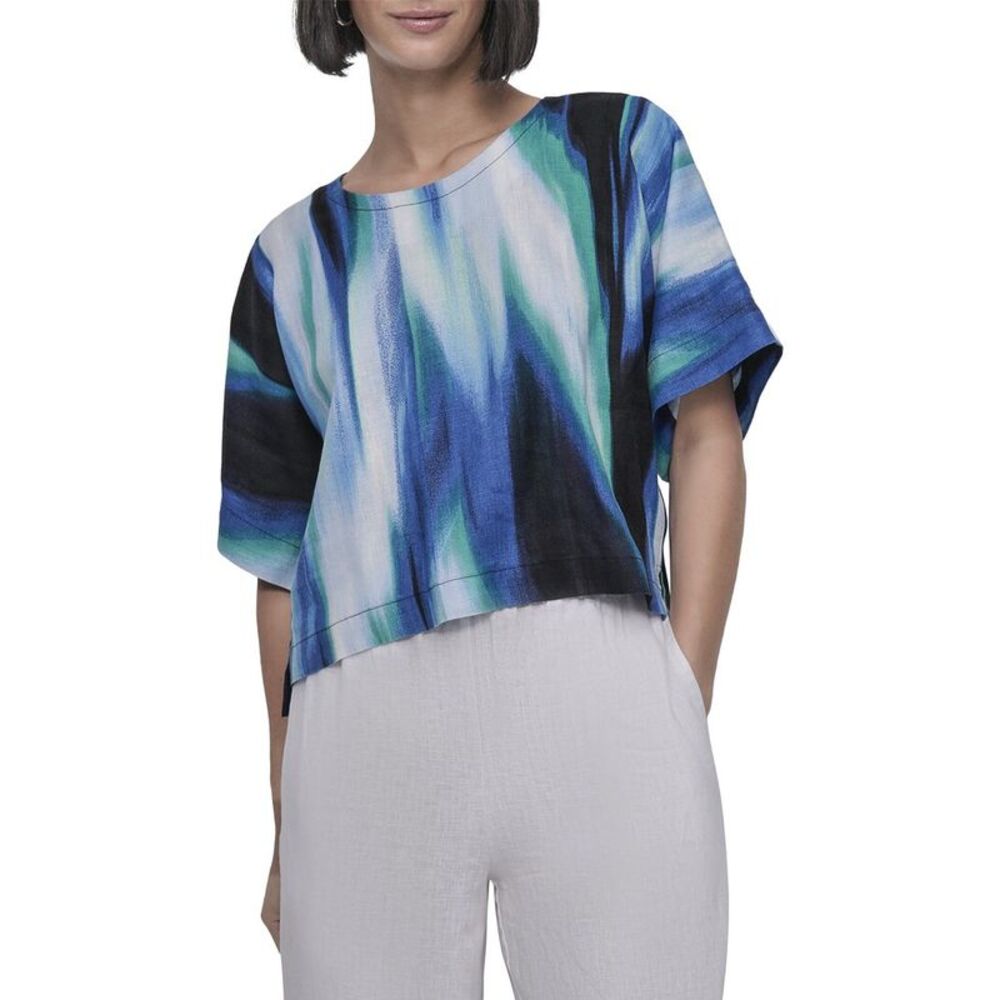 Dkny Womens  Printed Drop-Shoulder Linen Top, Blue